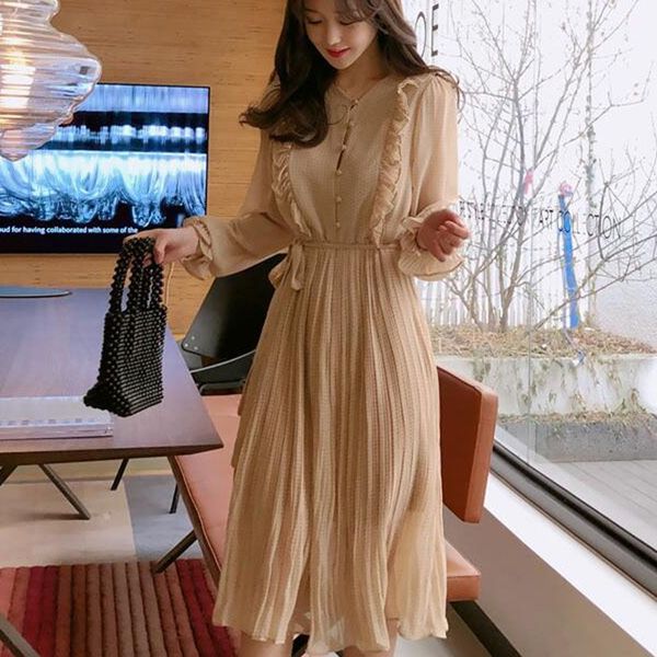 

bgteever vintage o neck ruffles chiffon women dress flare sleeve polka dot lace up female dress two layers pleated mid calf vestidos, Black;gray