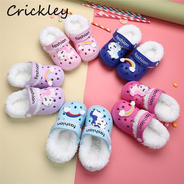 

kids croc slippers cartoon unicorn pattern indoor floor slippers for girls boys winter summer dual use children beach shoes, Black;grey