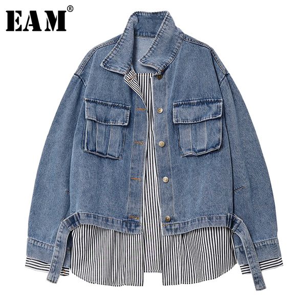 

eam] loose fit blue denim striped split joint big size jacket new lapel long sleeve women coat fashion tide spring 2020 1s626, Black;brown