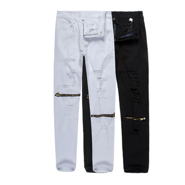 

mens fashion designer jeans hole zipper slim high street black blue swag encil pants male solid pants