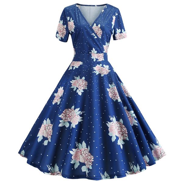 

elegant vintage summer dress women 2019 short sleeve v-neck casual a-line midi dress robe femme rockabilly vestidos plus size, Black;gray