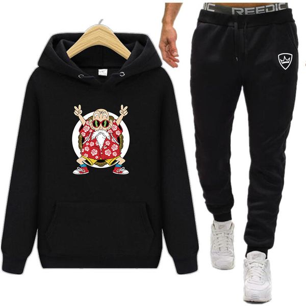

popular fashion hoodie + pants men's sweatshirt cartoon turtle prime minister printed hoodie casual versatile 2-piece set, Black