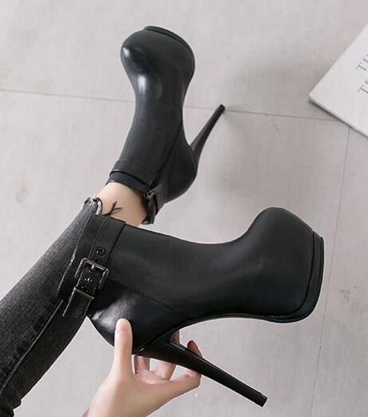 

black pu leather women's ankle boots stiletto buckle high heels zipper martin boots women's shoes waterproof platform
