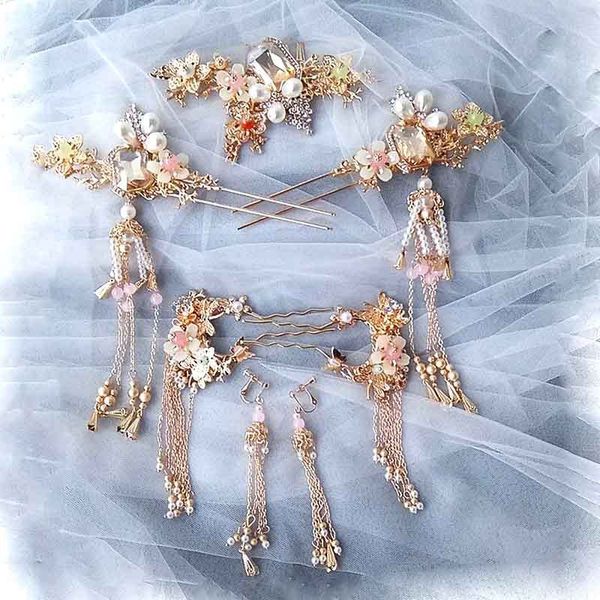 

chinese suit headdress bride marriage style wine dragon and phoenix wear headdress new handmade tassels wedding hair accessories, Golden;white
