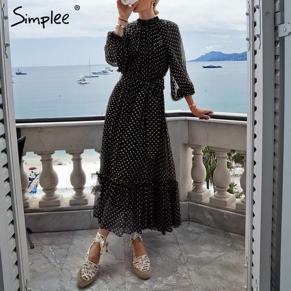 

simplee autumn women party dress elegant polka dot print female long party dress holiday style ladies ruffle maxi dress vestidos, Black;gray