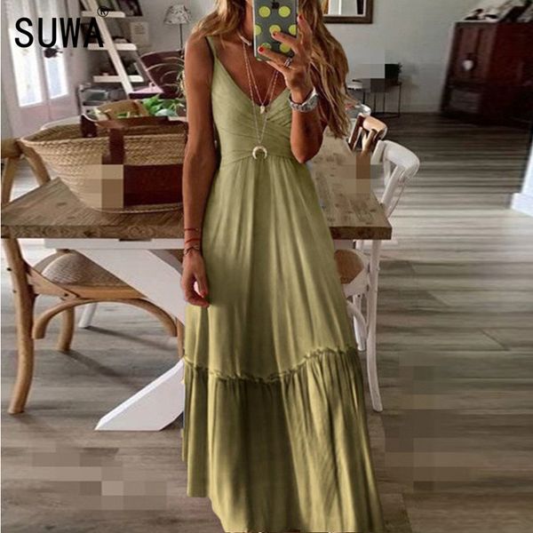 

casual dresses beach style lady spaghetti strap high waist long dress v-neck sleeveless summer loose maxi, Black;gray