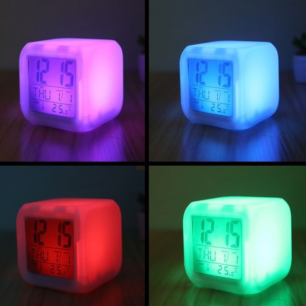 

led intelligent digital alarm colock 7 colors changing night glowing desk gadget digital alarm cube led clock home