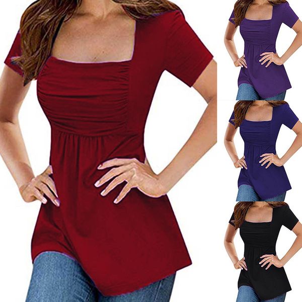 

new spring summer fashion women's tube shirt sleeve solid color casual square collar slim ruched t shirt for female, White