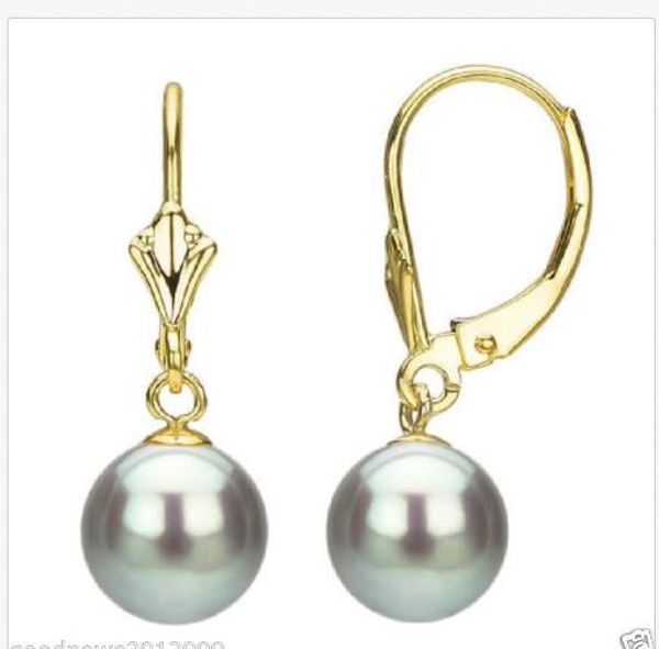 

14k yellow gold hook 9-10mm gray south sea natural pearl earrings, Golden;silver