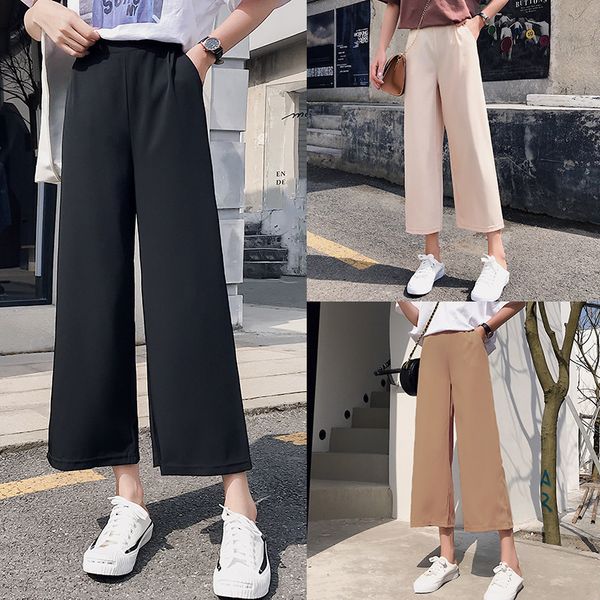 

2019 korean-style versatile summer pants loose-fit slimming casual pants high-waisted loose student capri straight-leg pan, Black;white