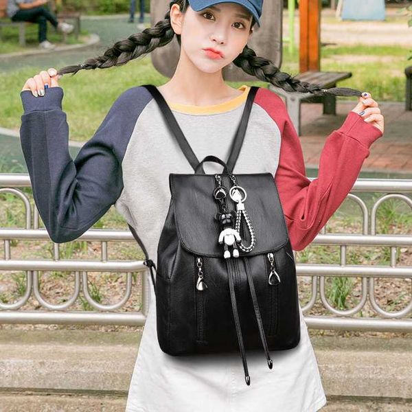 

black school supplies backpack female pu leather large capacity bag for adolescent girls interior zipper pocket shoulder bookbag