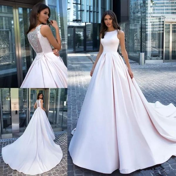 

rhinestones satin wedding dresses a line jewel neck beading bridal gowns court train custom made vestido de novia custom 3890, White