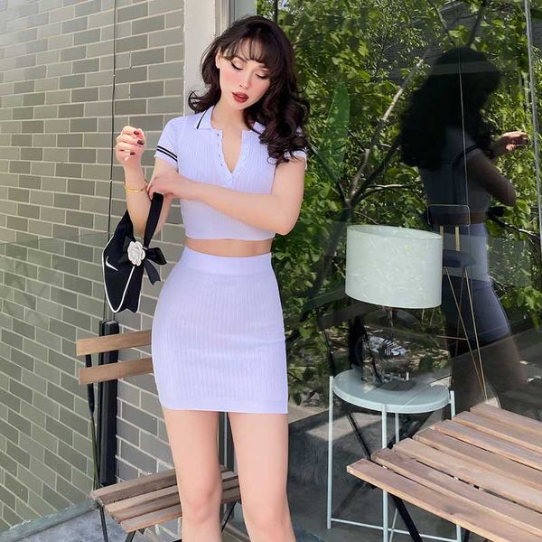 

2020 summer new knit girl style short shirt + wrap hip high waist mini skirt two piece set elastic tight women's sets, White