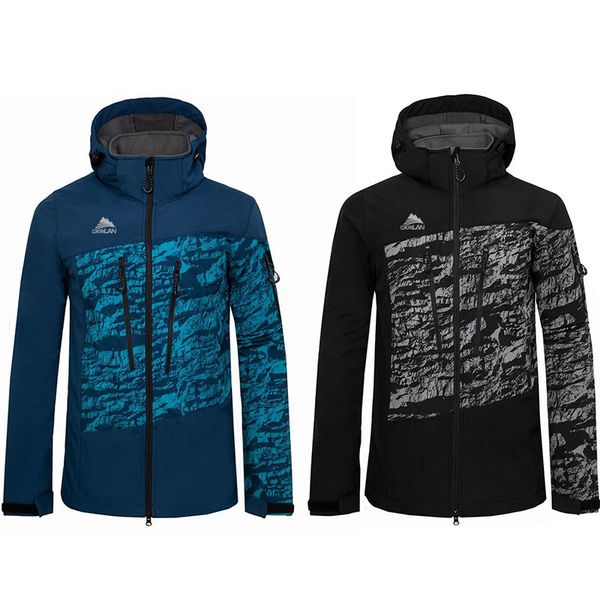

mens printing hooded soft shell hiking camping outdoor jacket men trekking sport fleece lining softshell climbing fishing coat, Blue;black