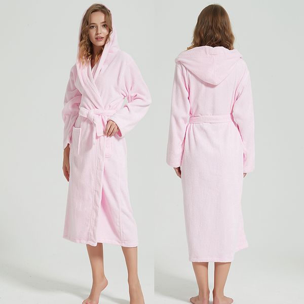 

women bathrobe cotton winter robes thicken nightgown bridesmaid home service towel fleece warm long-sleeved belt bathrobe, Black;red