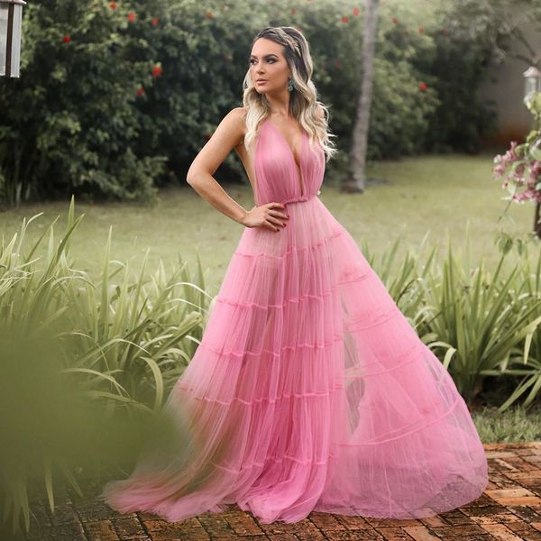 

stunning pink backless prom dresses deep v neck sleeveless pleated evening gowns a line floor length tulle formal dress, Black