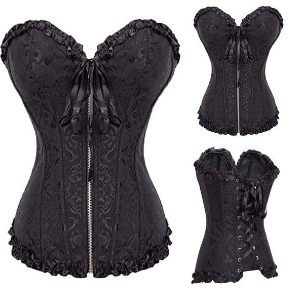 

bustiers & corsets women halloween zipper bustier corset boned waist trainer overbust brocade plus size waspie black, Black;white
