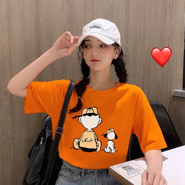 

2020 cartoon printed loose short-sleeved student t-shirt t-shirt slim round collar all-match female fashion, White