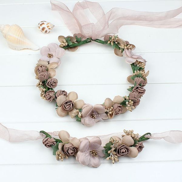 

2pcs crown girls parent-child romantic garlands wreath wristband headband set accessories simulation flower beatuiful floral