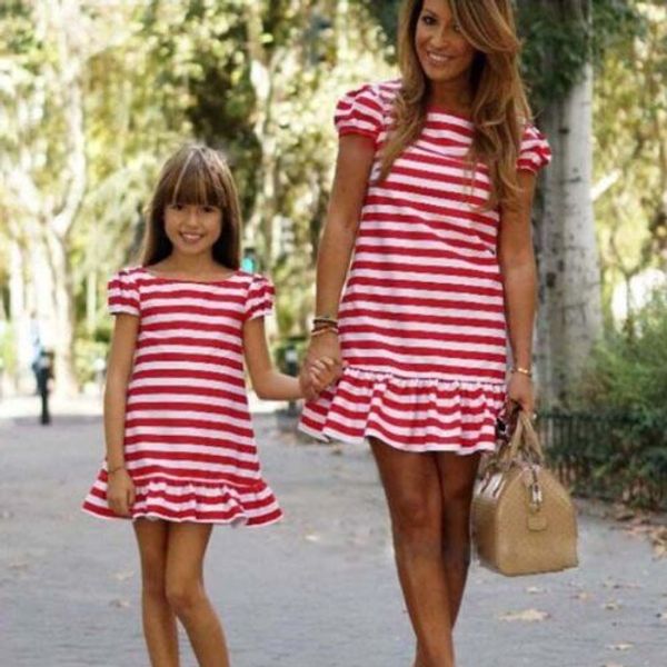 

new casual family mother daughter dress cotton summer striped dresses, Blue