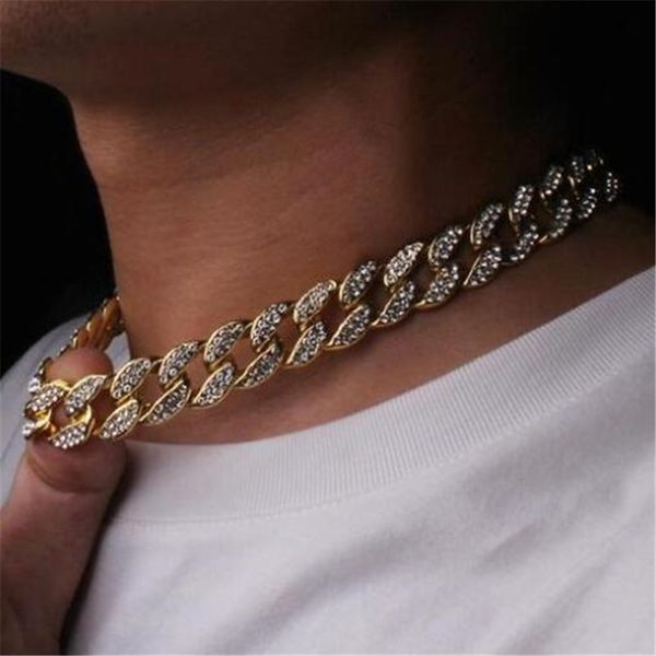 

hip hop miami curb cuban chain necklace 15mm 30inches golden iced out paved rhinestones cz bling rapper necklaces men jewelry, Silver