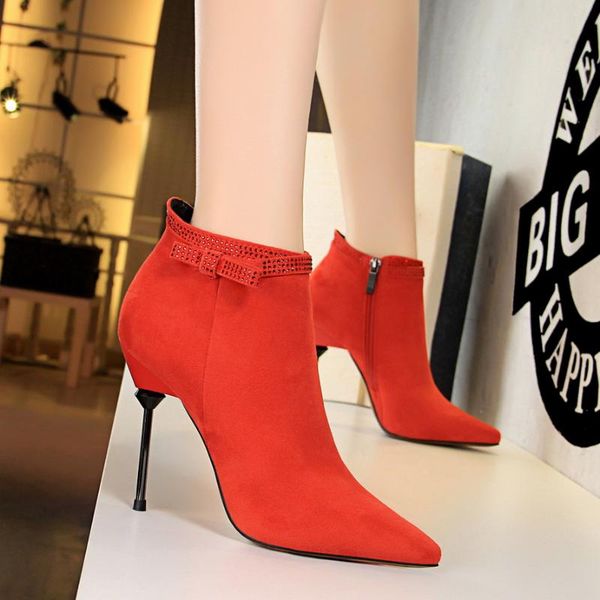

women ankle boots shoes woman fashion rhinestone bowknot pumps female pointed toe high heels short boots solid, Black