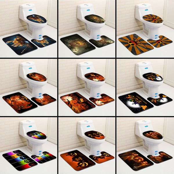 

halloween 3d pumpkin lante toilet bath mat carpet rug sets bathroom shower room carpets flannel anti slip 3 pieces bath mat sets
