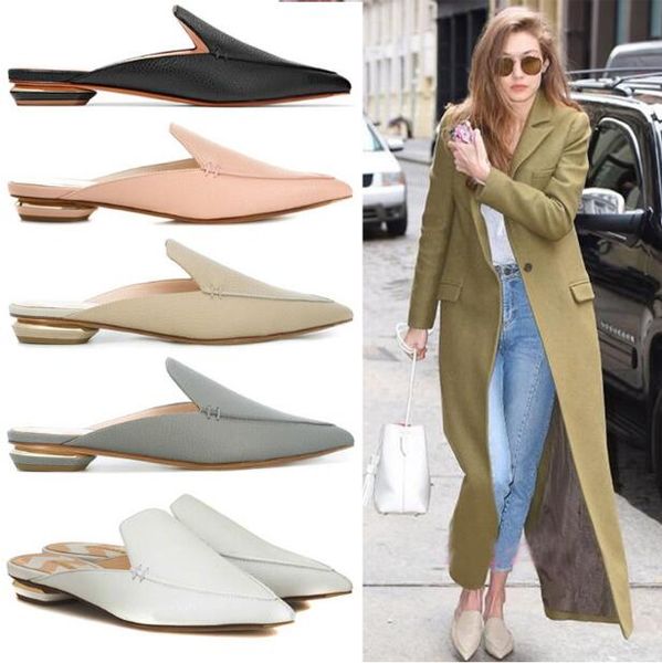 

Designer Women Mules Loafers Slippers Genuine Leather Pointed Toes flats outdoors Slippers European Fashion Women Shoes big size 34~43