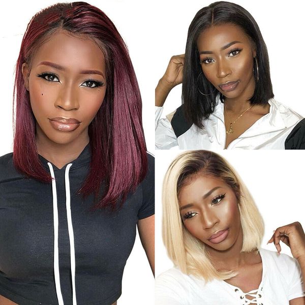 

13x6 bob wig 1b 613 ombre honey blonde straight brazilian lace front human hair wig pre plucked short half wig for black women, Black;brown