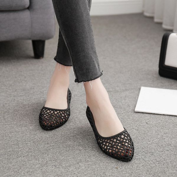 

summer women hollow out jelly sandals breath flat loafers ladies flower cover heels ladies casual shoes mother comfort footwear, Black