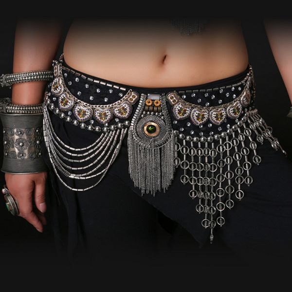 

professional belly dance tribal waist belt 80/90cm adjustable fit antique bronze beads metal chain belt for tribal belly dance, Black;red