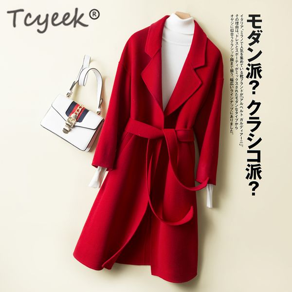 

tcyeek winter cashmere coat + belt women long jackets 100% wool coat female both sided wool overcoat elegant clothes 2019 w1176, Black