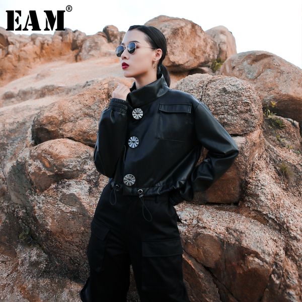 

eam] 2019 new autumn winter long sleeve pu leather big button drawstring pockets short jacket women coat fashion tide jy750, Black;brown
