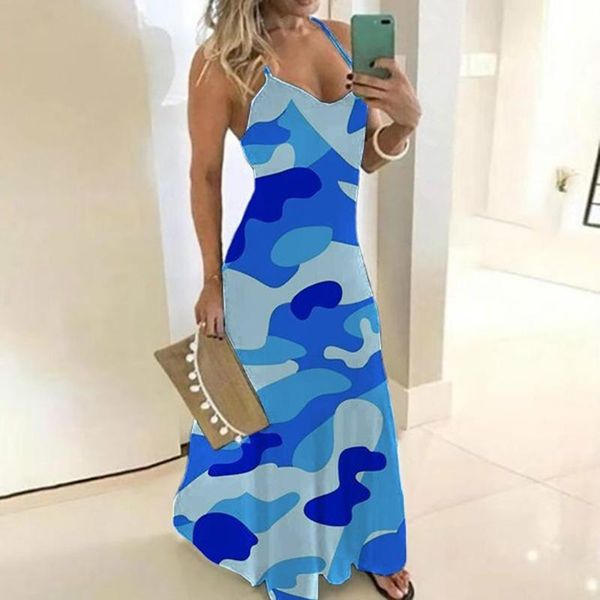 

plus size dress new camouflage spring summer women's party elegant boho beach print maxi long dresses#g4, Black;gray