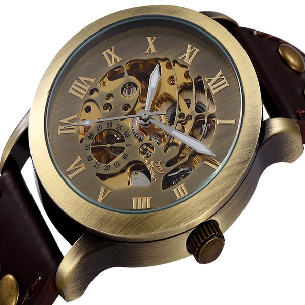 

brand new retro bronze skeleton mechanical watch men's automatic watches leather sports clocks relogio masculino, Slivery;brown