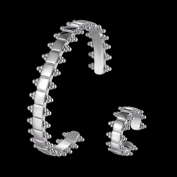 

fateama brand simple square beaded open-ended bangle and ring jewelry set popular accessories for everyone for gift, Silver