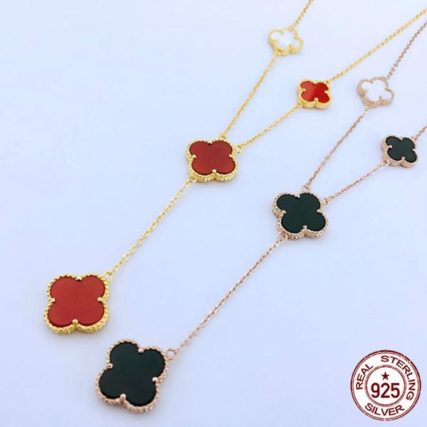 

europe and the new s925 sterling silver necklace five flowers four-leaf clover tassels clavicle chain agate goddess temperament gift