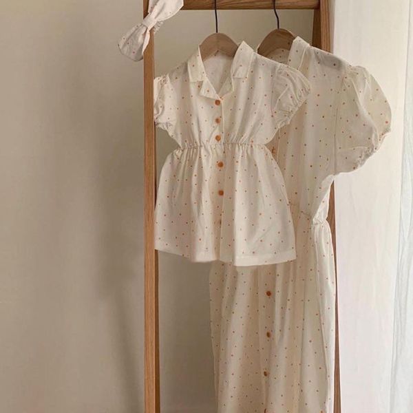 

2020 summer korean children's clothing new girls fashion parent-child polka dot lapel short sleeve casual dress, Blue