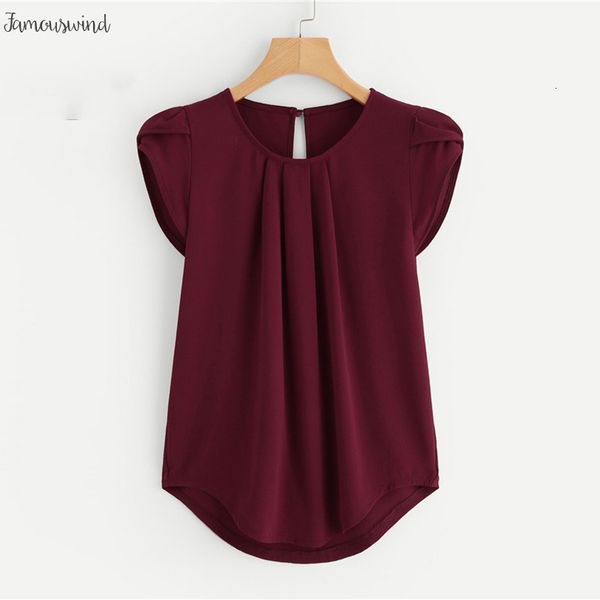 

burgundy asymmetrical blouse petal sleeve pleated detail solid short sleeve work summer women ol shirt blouse, White