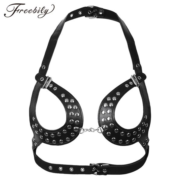 

women pu leather classic black open cup adjustable wetlook body chain harness bra belt with buckles and rivets, Red;black