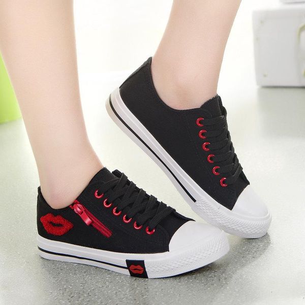 

fashion spring and summer korean canvas shoes female designer style low-cut red lip zipper students flat slippers, Black