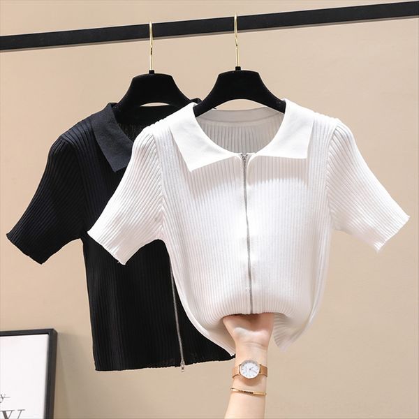 

лето 2020 маленькая сексуальная пупка вязаный свитер с короткими рукавами футболки summer 2020 небольшой сексуальный пупок молнии молнии три, White