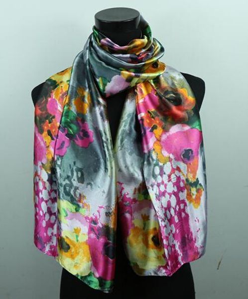 

1pcs white gypsophila pink rose flower dark grey women's fashion satin oil painting long wrap shawl beach silk scarf 160x50cm, Blue;gray