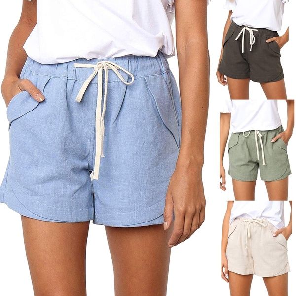 

2019 новая мода лета женщин сплошной цвет вскользь drawstring эластичный пояс comfy хлопок льняные шорты для дам, White;black