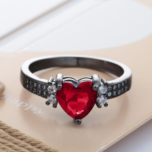 

jewelry plating black gold heart-shaped red zirconium stone ring woman ornaments, Silver