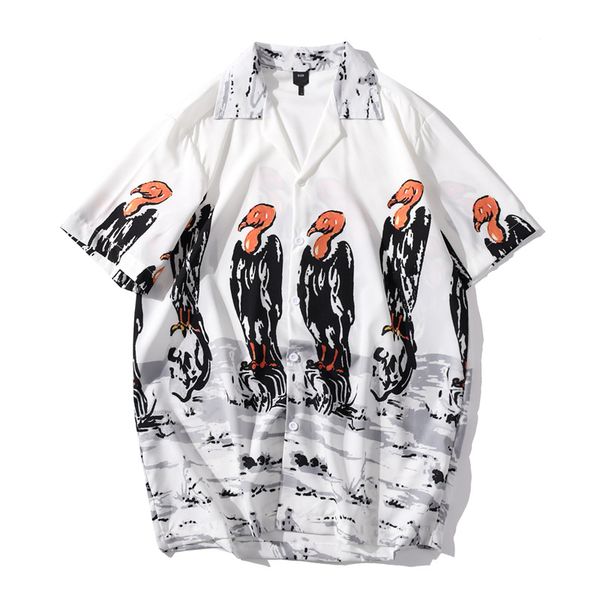 

harajuku vulture print beach shirts men causal shirts hip hop streetwear summer short sleeve button down shirt men, White;black