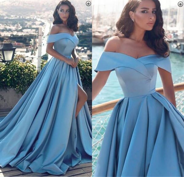 

Gorgeou off houlder blue evening dre e for women 2019 ide plit long weep train prom dre gown backle ve tido de fie ta ale