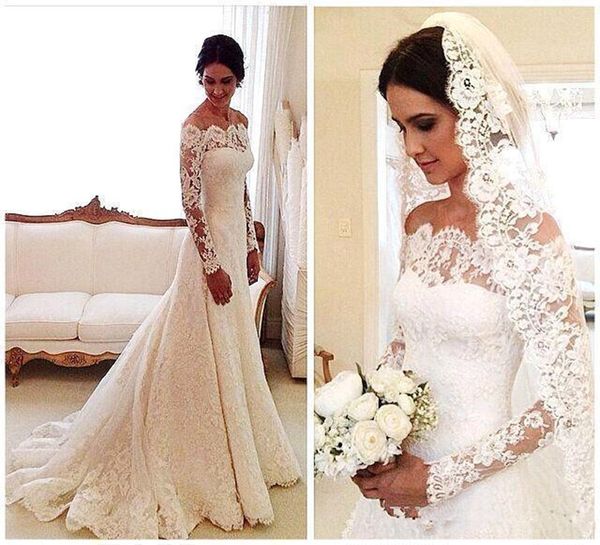 

new vestidos de novia lace wedding dresses off shoulder applique a line pleat long sleeves vintage bridal gowns with buttons back plus size, White