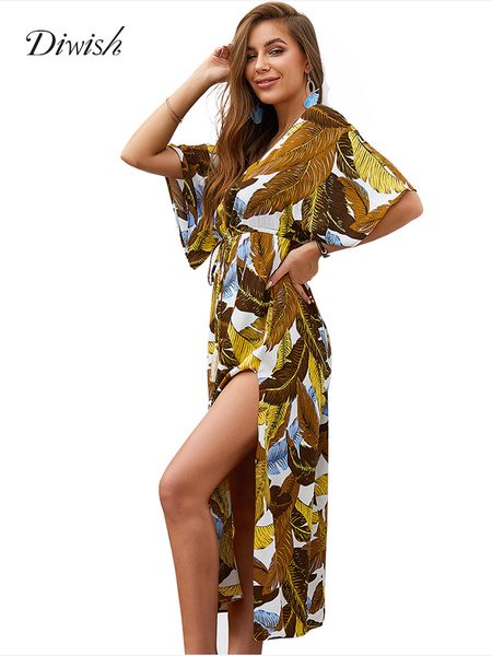 

diwish women summer dress sundress 2019 green/yellow leaf print summer long maxi dress half sleeve beach holiday, Black;gray