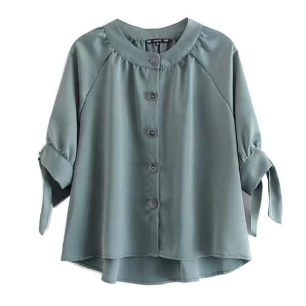 

2019 round collar single-breasted button shirt women casual tide bow cuff half sleeve blouse, White